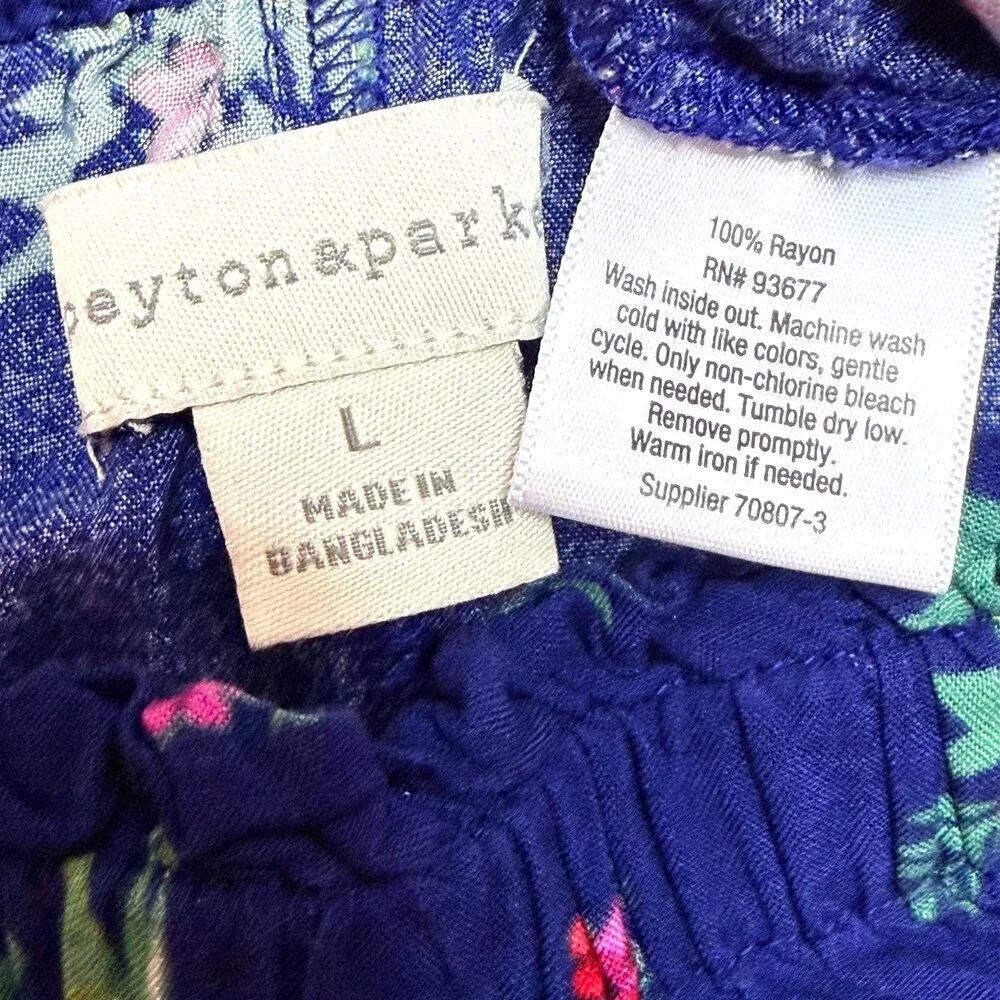 Peyton & Parker Casual Dress Size L Short Sleeve Gathered Neck Royal Blue Floral